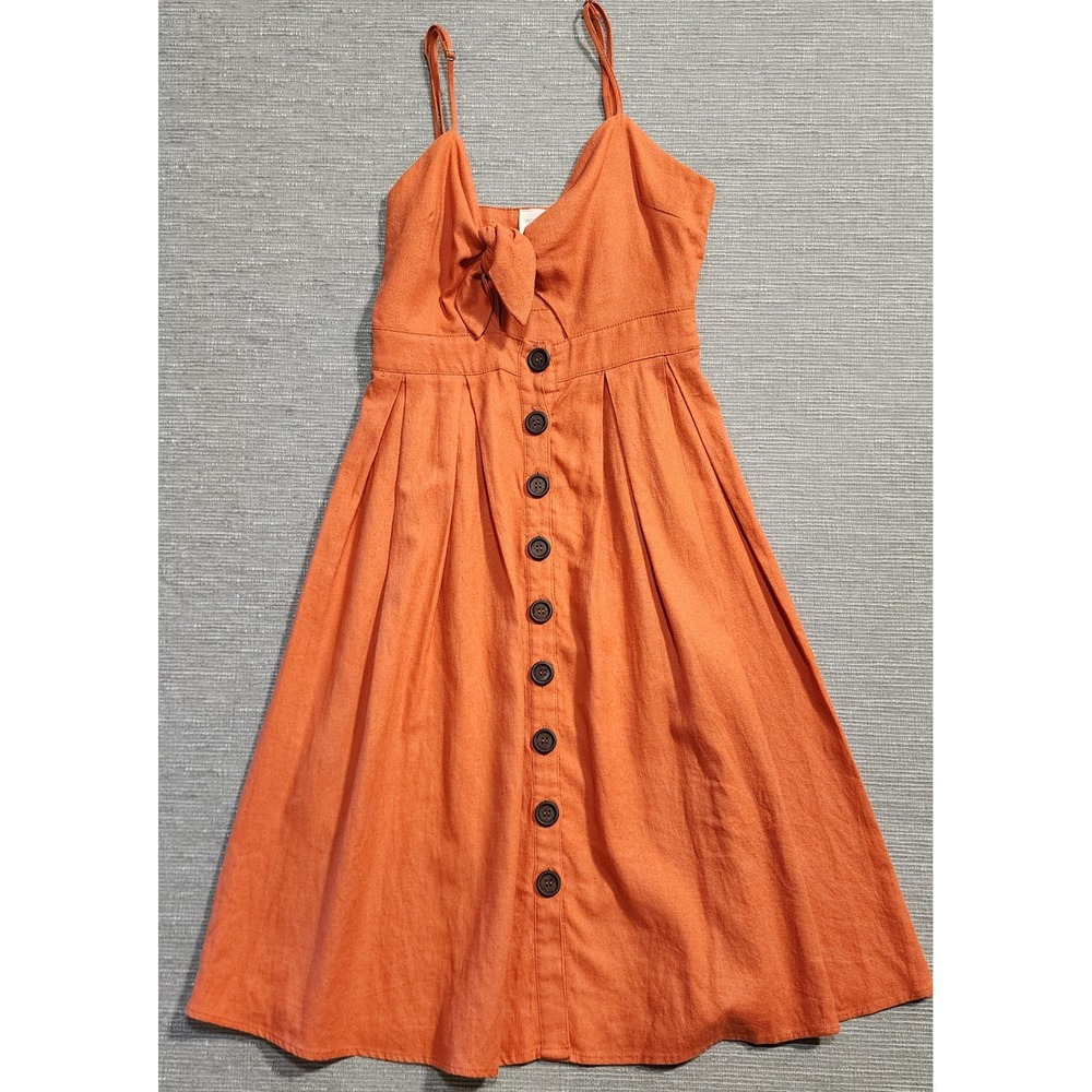 Victoria + Sophia Burnt Orange Linen Blend Tie Front Button‎ Midi Dress Small
